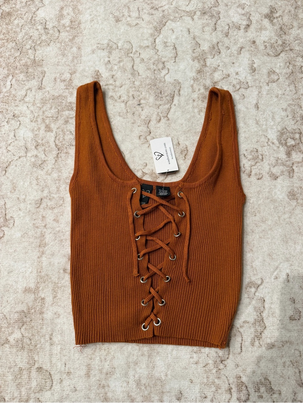 Windsor Lace-Up Ribbed Crop Tank - Rust - Picture 2 of 3